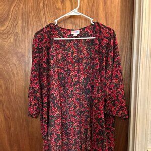 Red Black Floral Summer Cardigan – Lightweight Open Front Layer Size M